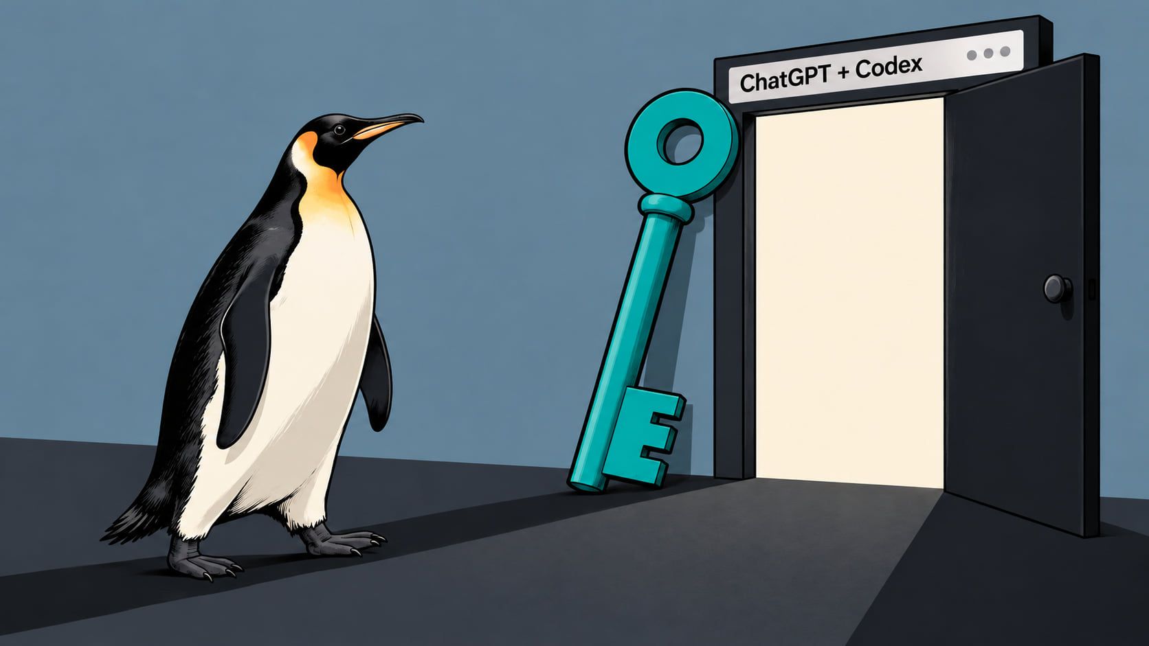 Пингвин Linux рядом с огромным бирюзовым ключом и открытой дверью приложения ChatGPT и Codex